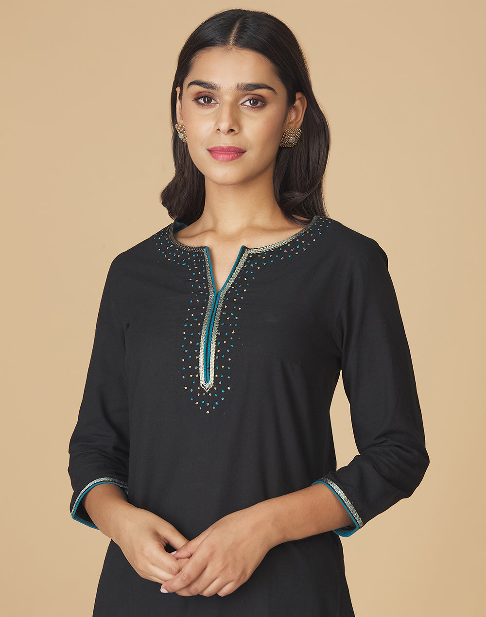 Black Cotton Embroidered Long Kurta