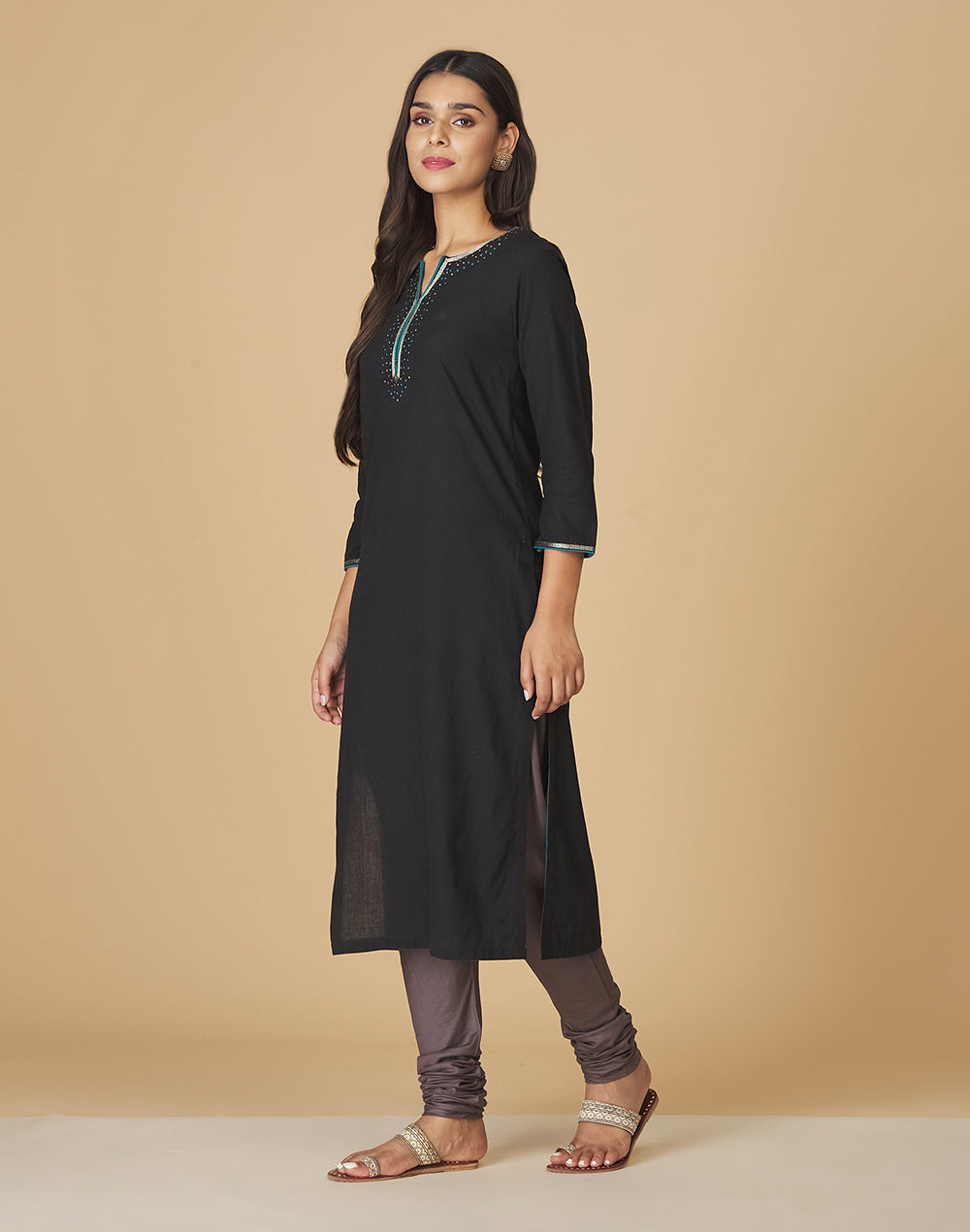 Black Cotton Embroidered Long Kurta