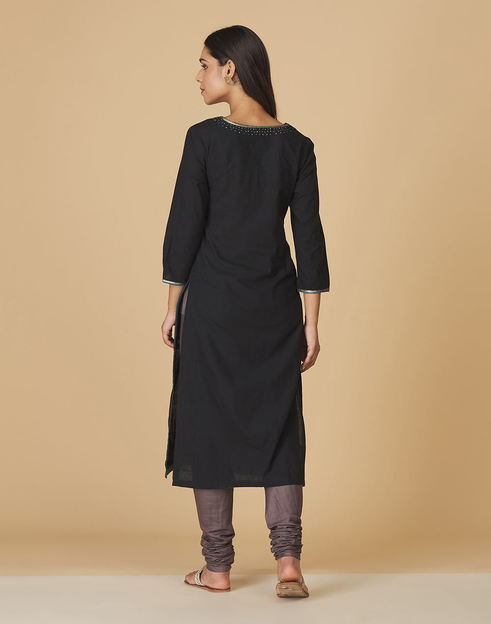 Black Cotton Embroidered Long Kurta