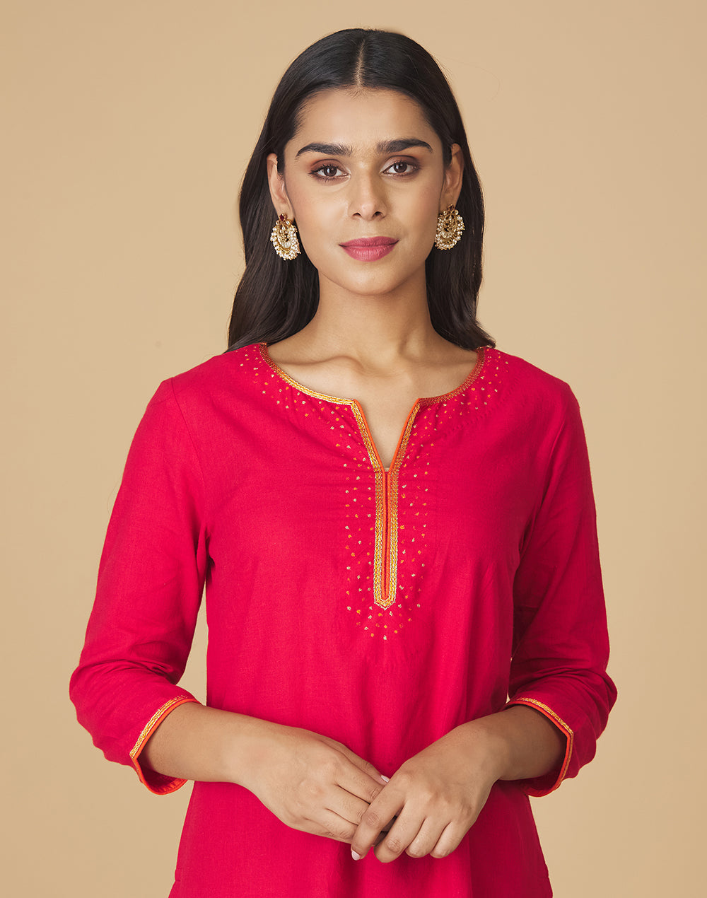 Red Cotton Embroidered Long Kurta