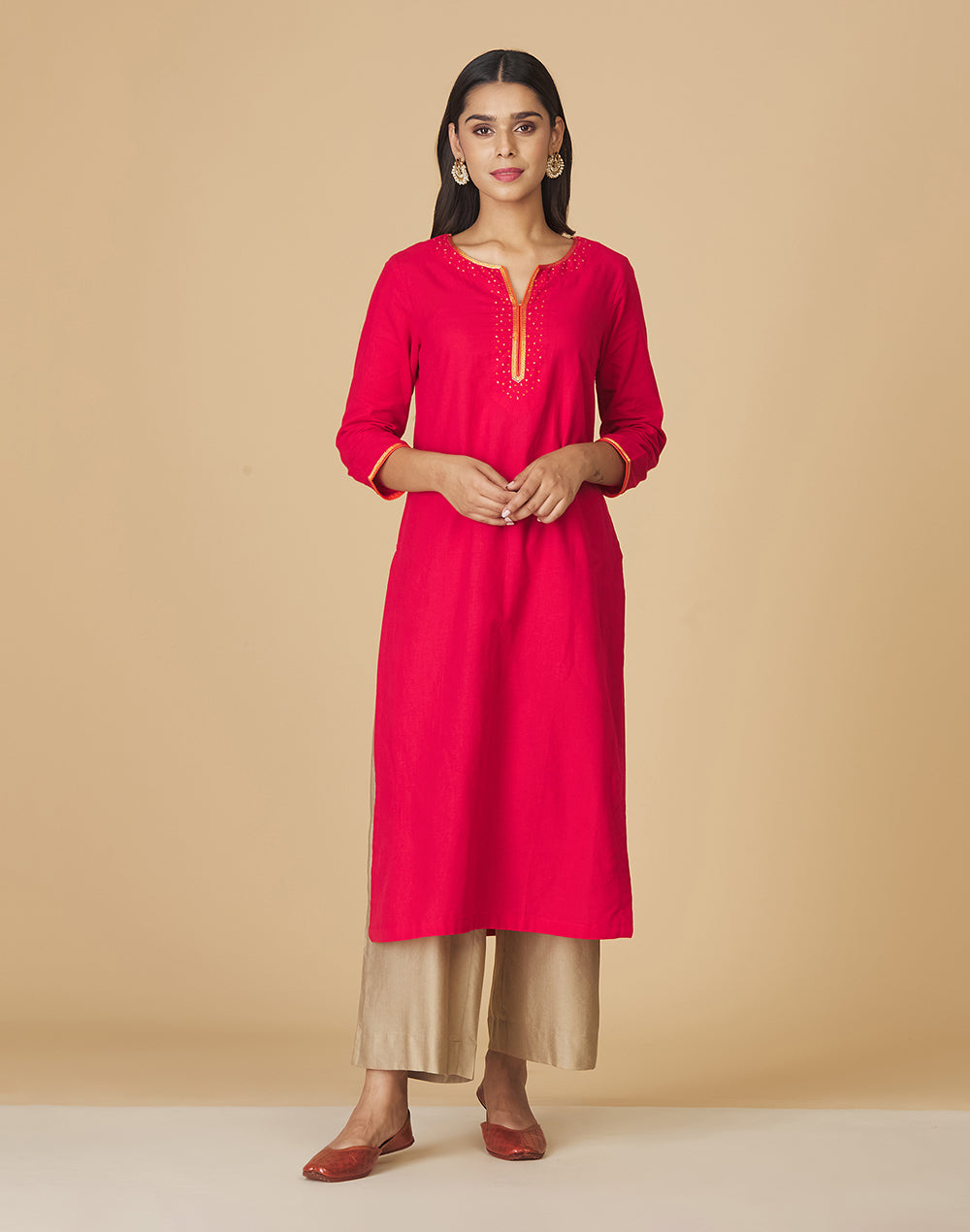 Red Cotton Embroidered Long Kurta