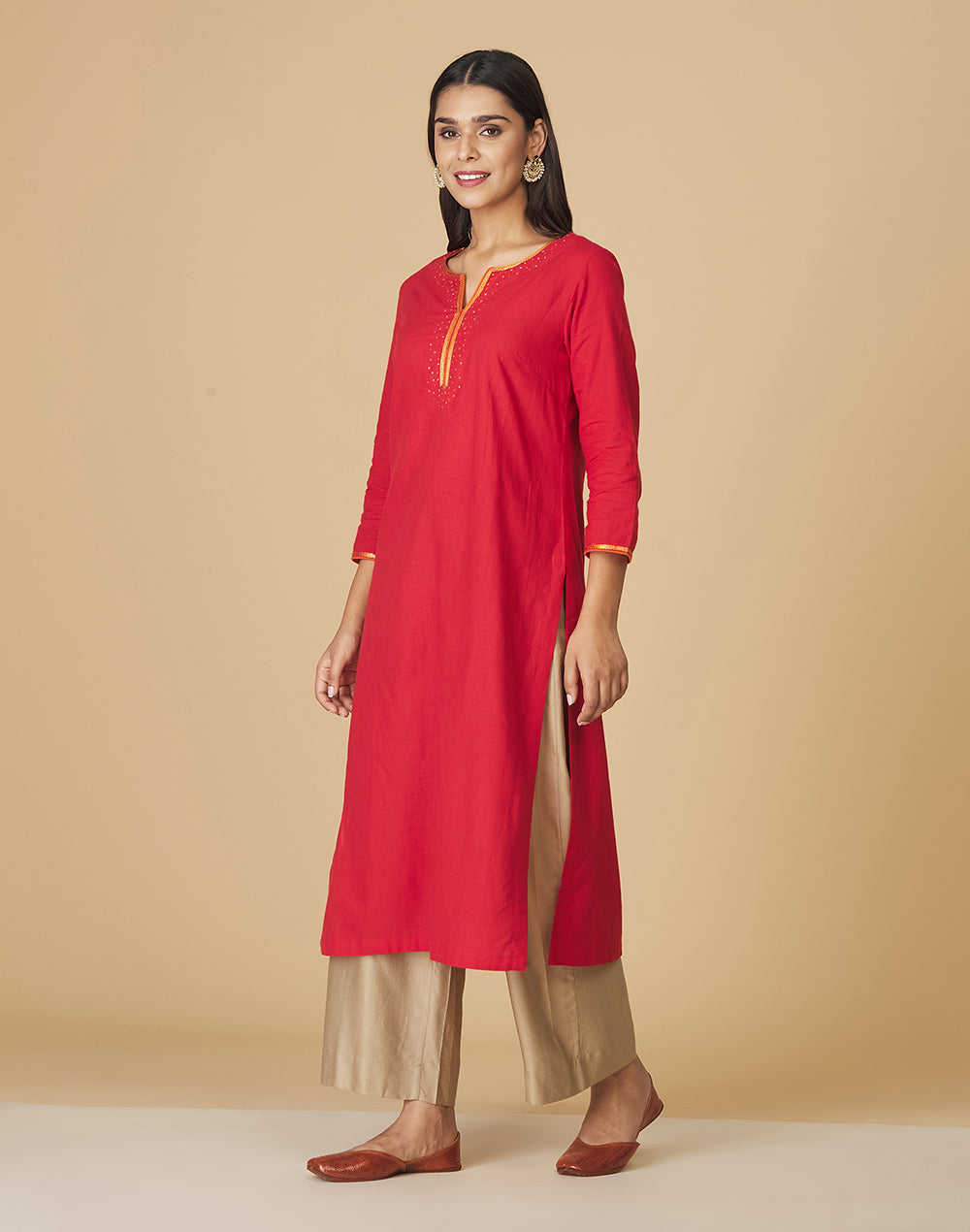 Red Cotton Embroidered Long Kurta